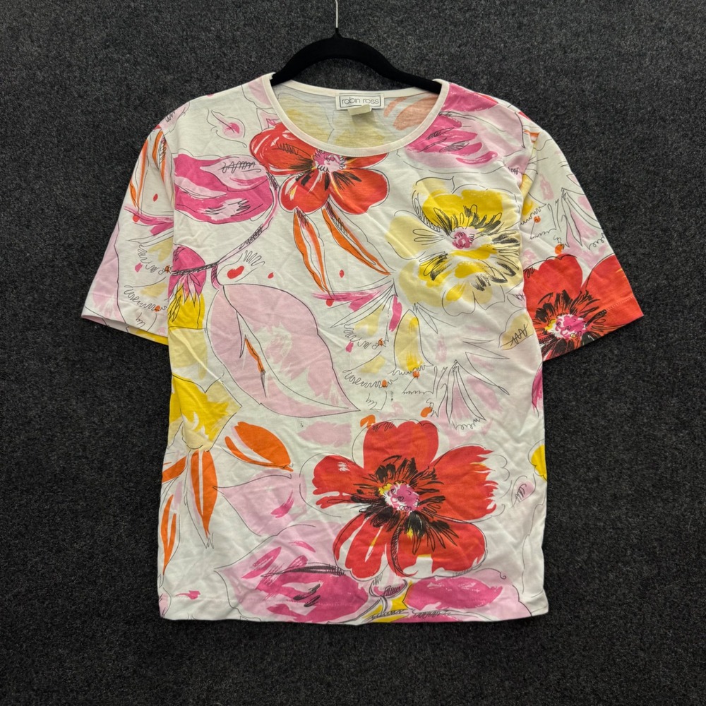Vintage 80s Robin Ross Floral T-Shirt Womens Medium Red Yellow Single Stitch